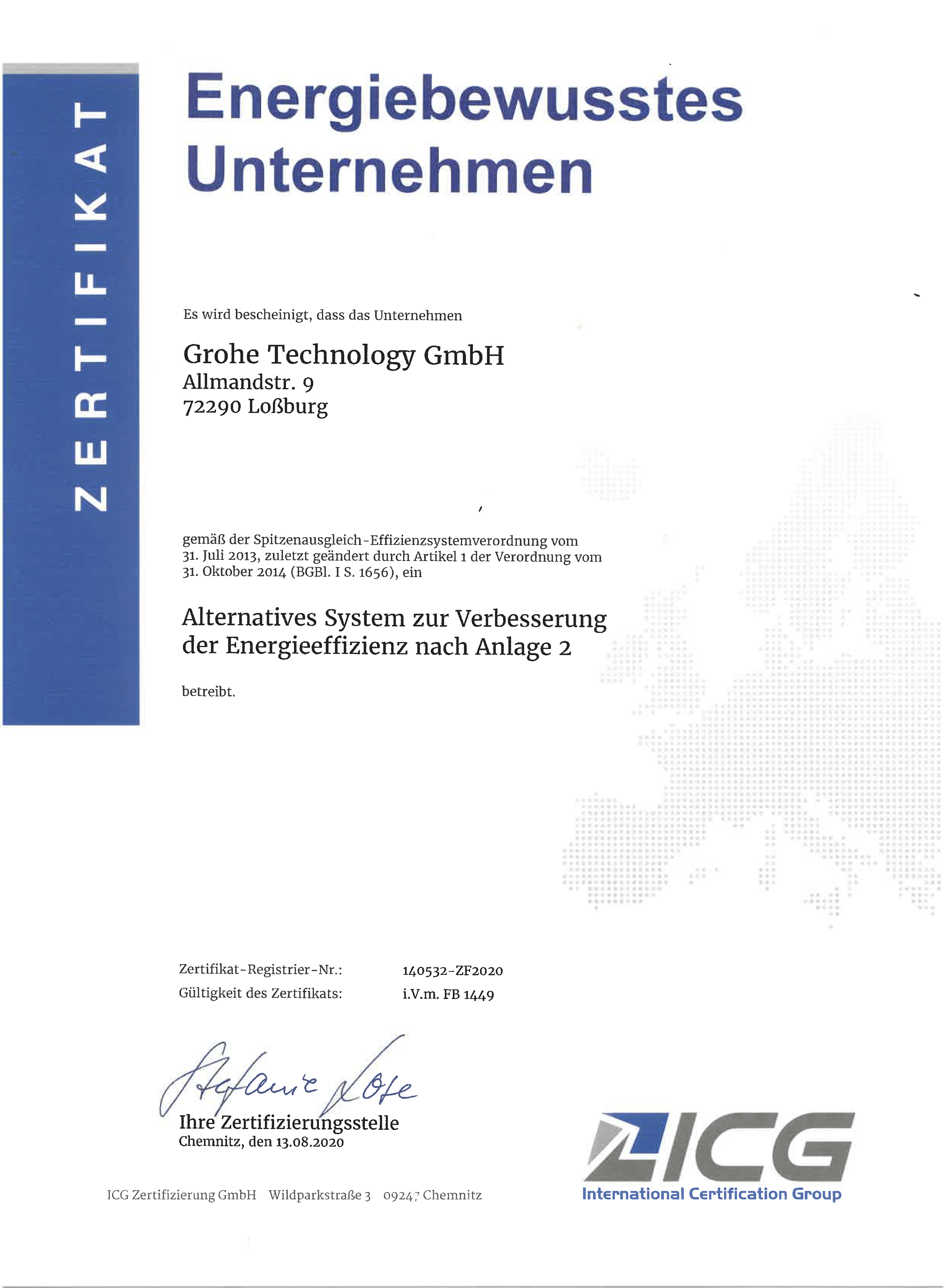 Zertifikat für energiebewusstes Unternehmen